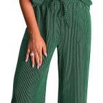 2 Piece Sets for Women Dressy Casual Ribbed Knit Short Sleeve Tops Wide Leg Pants Lounge Set Travel Airport Outfits