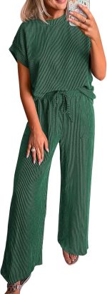 2 Piece Sets for Women Dressy Casual Ribbed Knit Short Sleeve Tops Wide Leg Pants Lounge Set Travel Airport Outfits