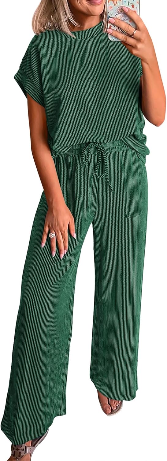 713SE80Nc-L._AC_SL1500_.jpg 2 Piece Sets for Women Dressy Casual Ribbed Knit Short Sleeve Tops Wide Leg Pants Lounge Set Travel Airport Outfits - Image 1