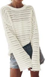 Womens Summer Sweaters 2026 Lightweight Casual Long Sleeve Crochet Tops Hollow Out Knit Pullover Clothing