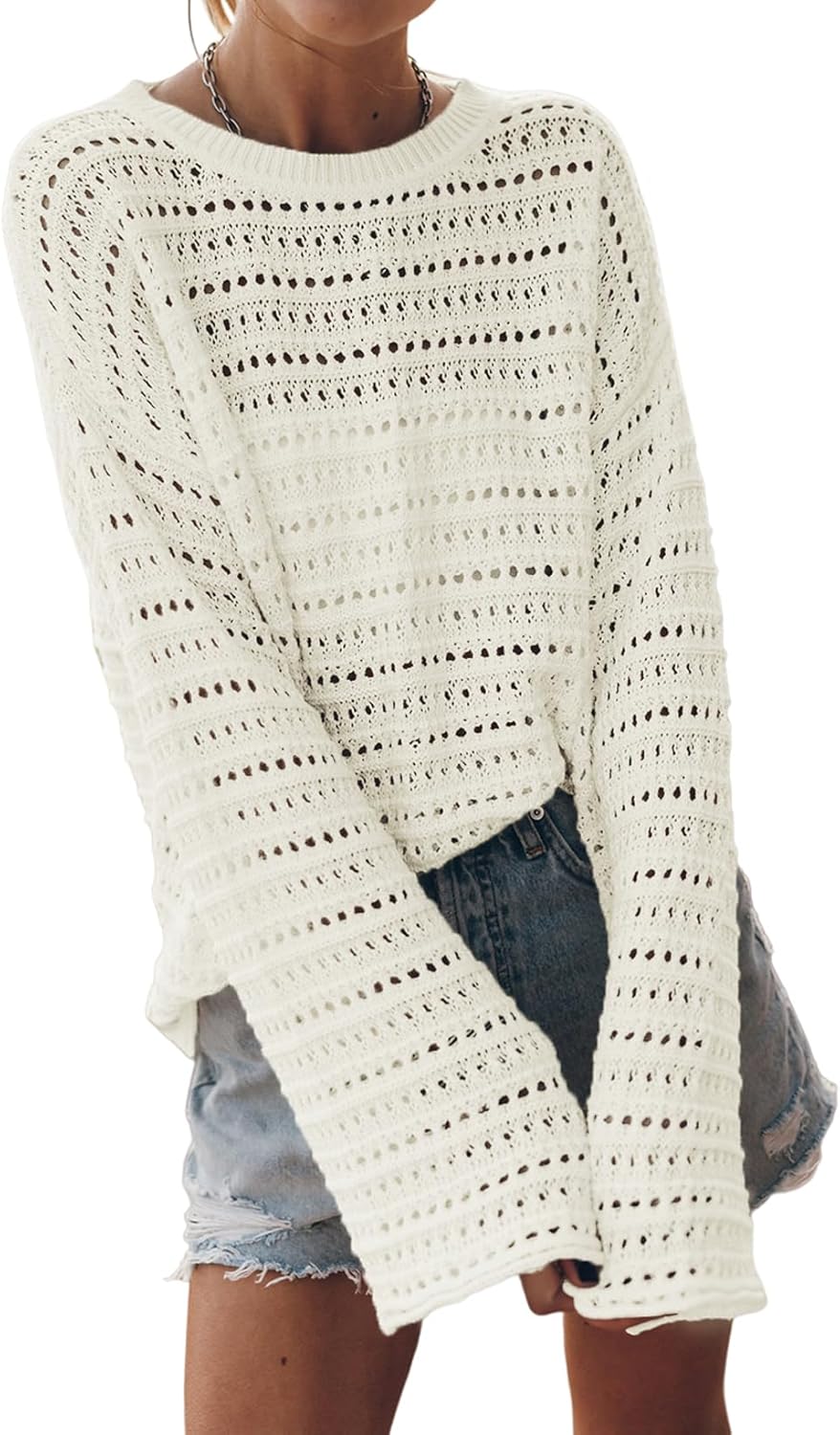 713huLmxU7L._AC_SL1500_.jpg Womens Summer Sweaters 2026 Lightweight Casual Long Sleeve Crochet Tops Hollow Out Knit Pullover Clothing - Image 1