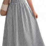 Womens Summer Midi Dress Striped Casual Short Sleeve Crewneck Empire Waist 2026 Flowy Long Beach Dress with Pockets