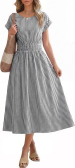 Womens Summer Midi Dress Striped Casual Short Sleeve Crewneck Empire Waist 2026 Flowy Long Beach Dress with Pockets