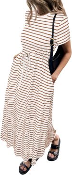 Women's Summer Maxi Dresses 2026 Casual Short Sleeve Striped Drawstring Waist Loose Fit T Shirts Dress Beach Outfits