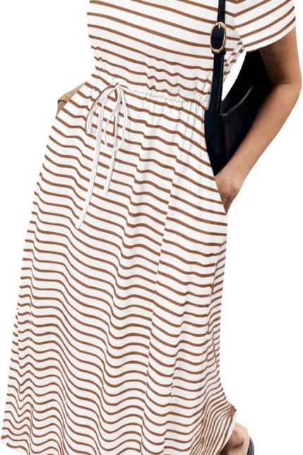 Women's Summer Maxi Dresses 2026 Casual Short Sleeve Striped Drawstring Waist Loose Fit T Shirts Dress Beach Outfits