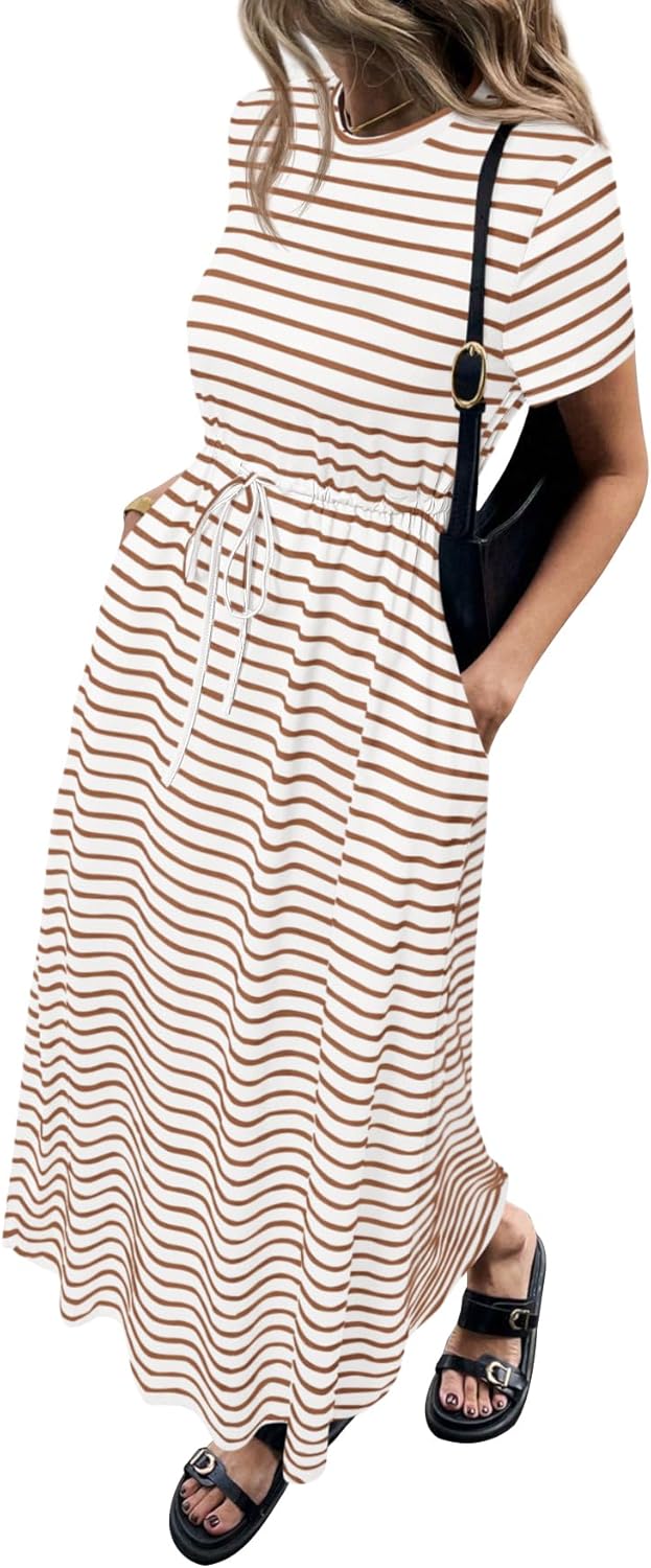 7178pSGUpWL._AC_SL1500_.jpg Women's Summer Maxi Dresses 2026 Casual Short Sleeve Striped Drawstring Waist Loose Fit T Shirts Dress Beach Outfits - Image 1