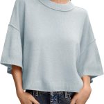 Womens Short Sleeve Sweater Summer Oversized Cropped Sweaters Casual Crewneck Lightweight Knit Tops