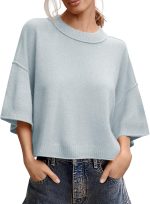 Womens Short Sleeve Sweater Summer Oversized Cropped Sweaters Casual Crewneck Lightweight Knit Tops