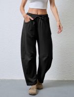 Women's Barrel Leg Sweatpant Drawstring Elastic Waisted Wide Leg Pants Casual Cotton Trousers with Pockets - Image 2