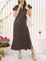 Womens Summer Casual Midi Dresses Short Sleeve Polo V Neck Loose Split Wrinkle-Free Beach Vacation Tshirt Maxi Dress - Image 2