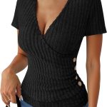 Womens Tops Short Sleeve V Neck Sexy Ribbed Knit Slim Fit Lightweight Sweater 2026 Summer Dressy Casual T-Shirts