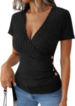 Womens Tops Short Sleeve V Neck Sexy Ribbed Knit Slim Fit Lightweight Sweater 2026 Summer Dressy Casual T-Shirts