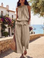 Linen Sets for Women 2 piece Spring Summer Boho Ruffle Sleeveless Tank Tops Flowy Pants Cute Vacation Outfits - Image 2