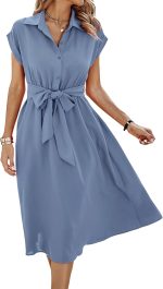 Womens Casual Midi Dresses Solid V Neck Short Sleeve Button Shirt Belted Dress with Pockets for Spring Summer 2026