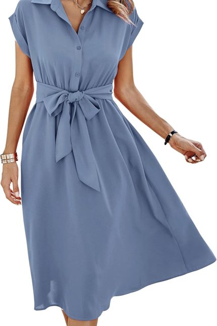 Womens Casual Midi Dresses Solid V Neck Short Sleeve Button Shirt Belted Dress with Pockets for Spring Summer 2026