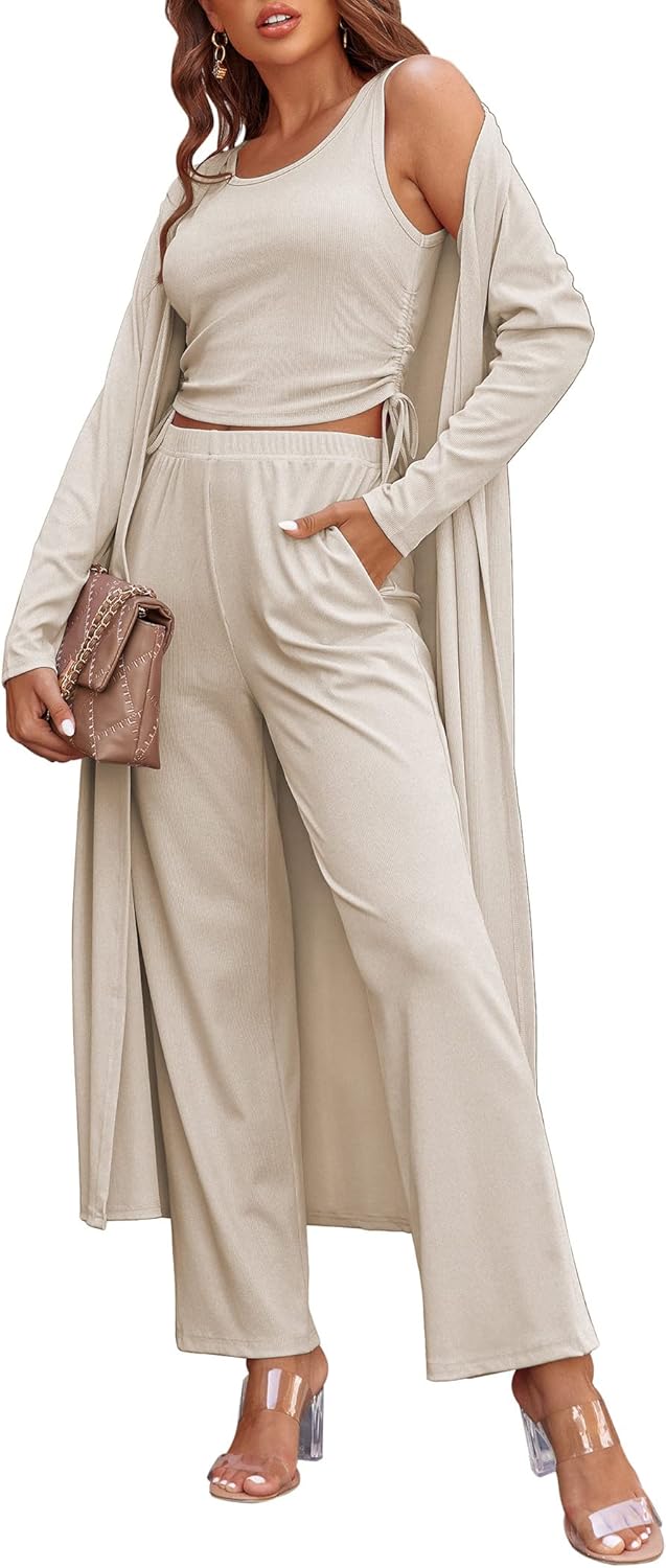 71OBsEi2lZL._AC_SL1500_.jpg Women's 3 Piece Lounge Set Pajama Long Sleeve Cardigan Sleeveless Top Pants Sweatsuit - Image 1