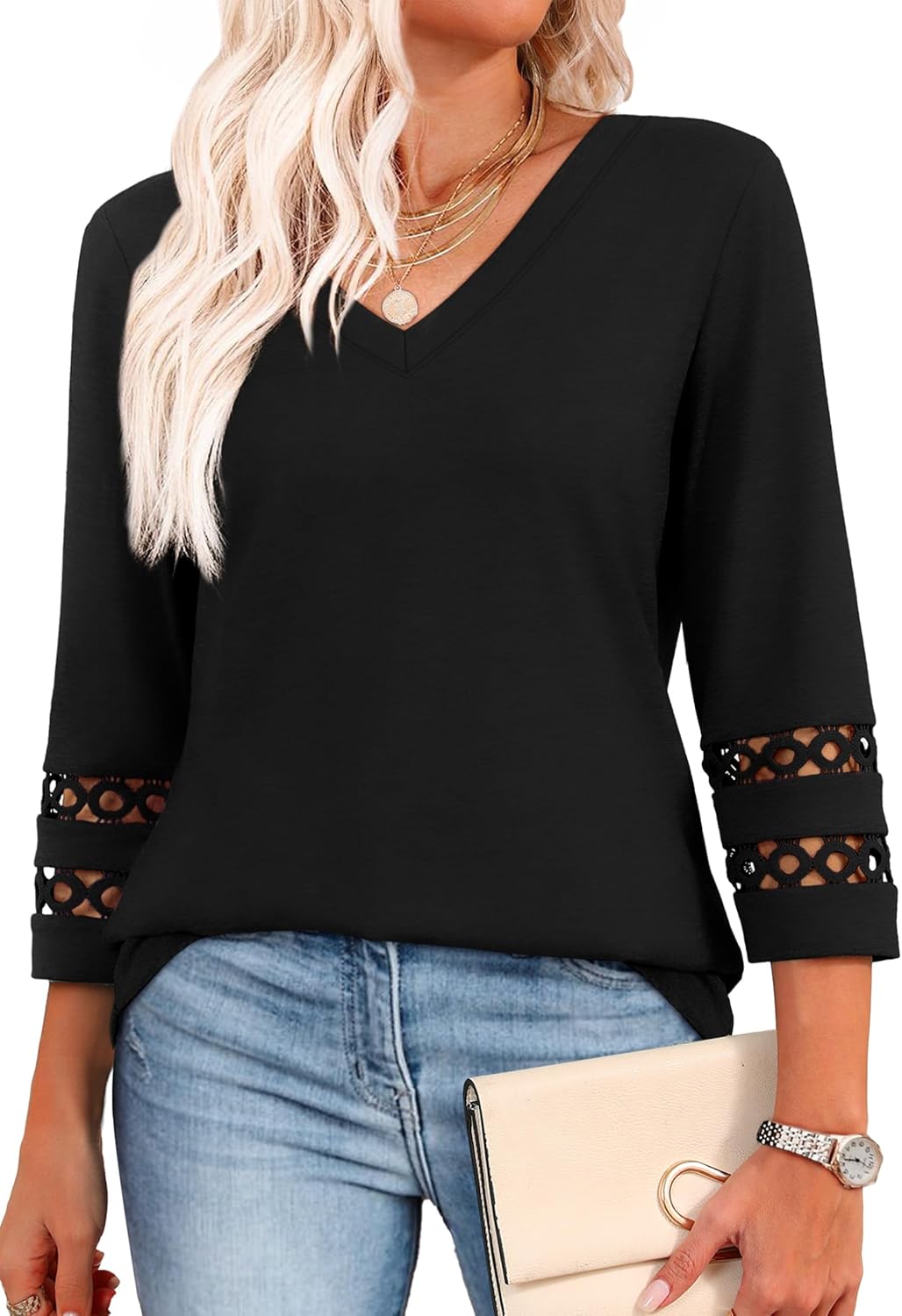71OG5xTlPHL._AC_SL1500_.jpg 3/4 Length Sleeve Womens Tops Dressy Casual Blouses for Women 2026 Trendy V Neck T Shirts Summer Clothes - Image 1