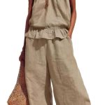 Linen Sets for Women 2 piece Spring Summer Boho Ruffle Sleeveless Tank Tops Flowy Pants Cute Vacation Outfits