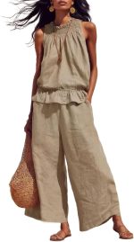 Linen Sets for Women 2 piece Spring Summer Boho Ruffle Sleeveless Tank Tops Flowy Pants Cute Vacation Outfits
