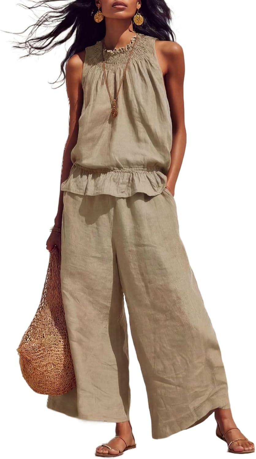 71S483daMhL._AC_SL1500_.jpg Linen Sets for Women 2 piece Spring Summer Boho Ruffle Sleeveless Tank Tops Flowy Pants Cute Vacation Outfits - Image 1