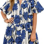 Women's Summer Button Down Shirt Dress Floral Puff Short Sleeve Casual Loose Fit Beach Mini Dresses
