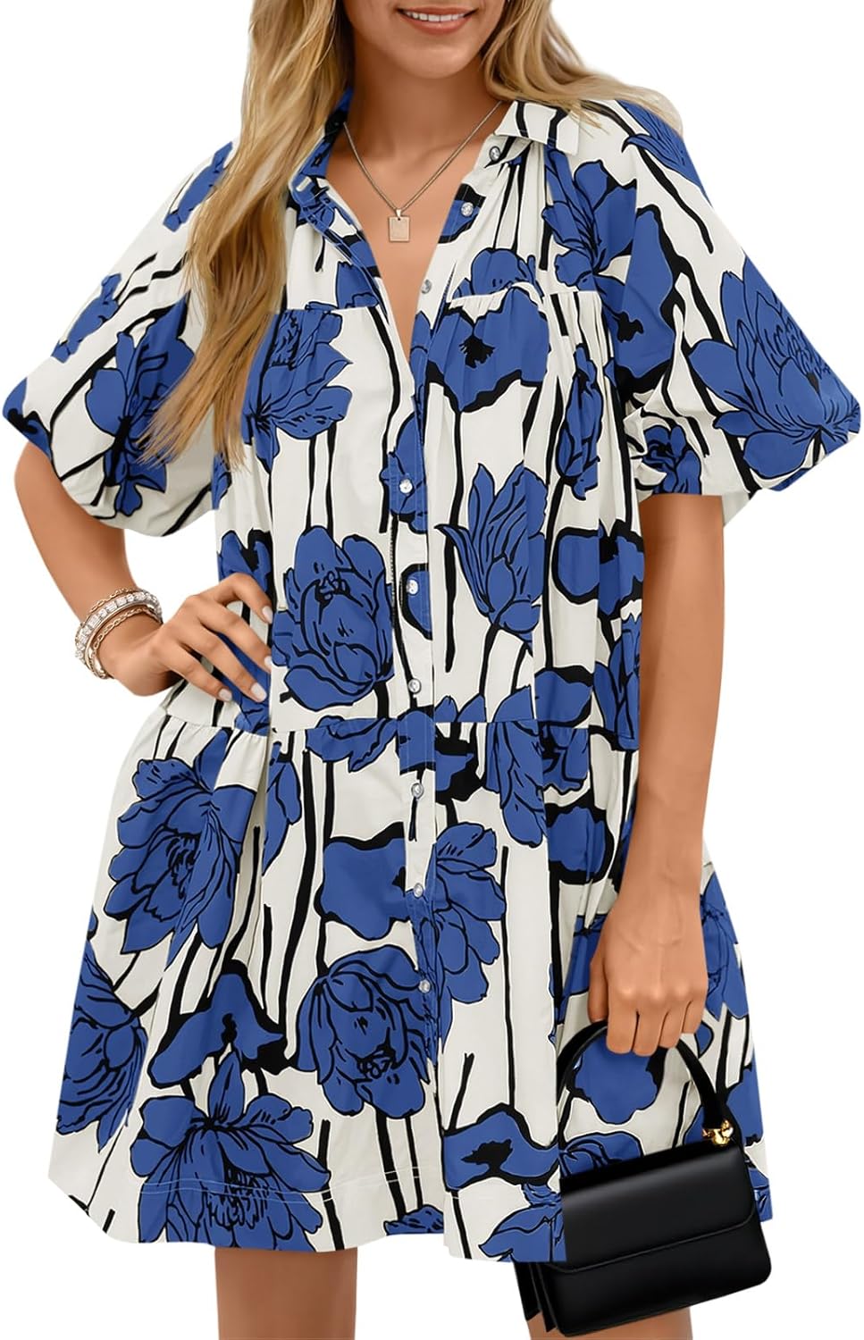 71SxhhqanL._AC_SL1500_.jpg Women's Summer Button Down Shirt Dress Floral Puff Short Sleeve Casual Loose Fit Beach Mini Dresses - Image 1
