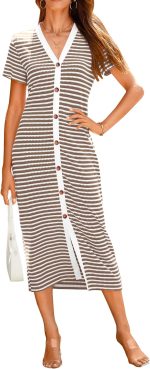 Women Casual Summer Dresses Short Sleeve Striped Midi Dresses Decorative Button Ribbed Knit Dresses Party Dresses