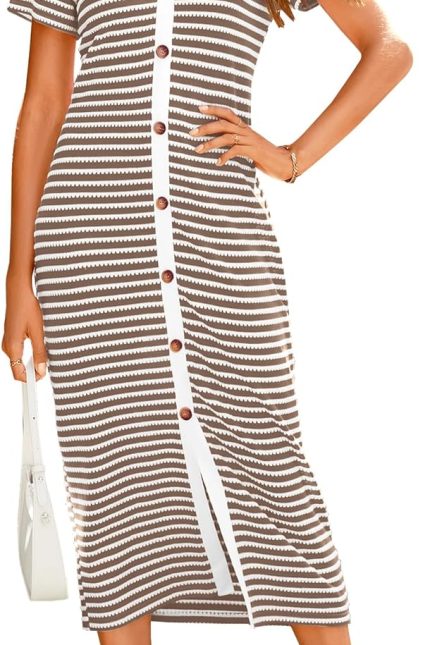 Women Casual Summer Dresses Short Sleeve Striped Midi Dresses Decorative Button Ribbed Knit Dresses Party Dresses