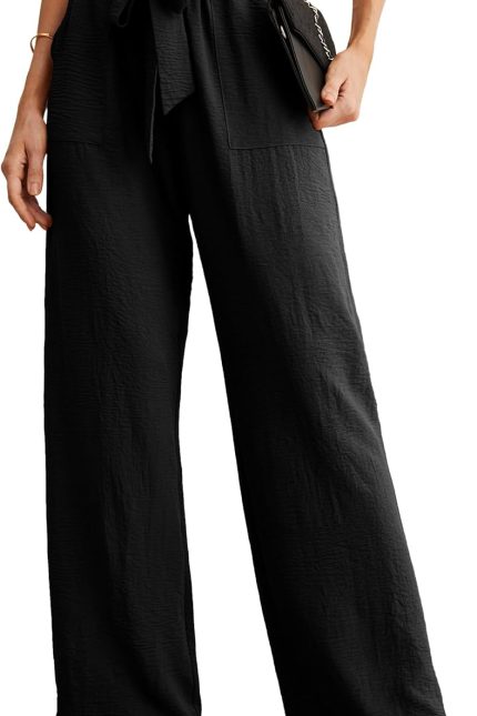 Women's Wide Leg Pants with Pockets High Waist Adjustable Knot Loose Casual Trousers Business Work Casual Pants