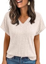 Womens Spring Tops 2026 Summer Dressy Casual Blouses Short Sleeve Cute V Neck Sweater Shirts Fashion Vacation Clothes