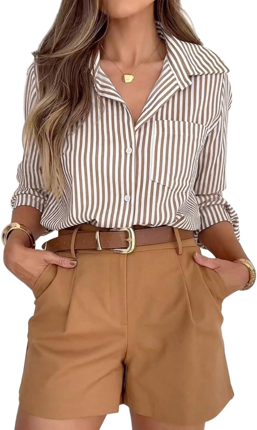 71bHDCc5qZL._AC_SL1500_.jpg Striped Button Down Shirts for Women Dress Shirts Long Sleeve Casual Collared Office Work Shirt with Pocket - Image 1
