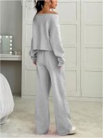 Women's 2 Piece Outfits Sweatsuits Off The Shoulder Crop Top Wide Leg Sweatpants Casual Matching Lounge Sets - Image 2