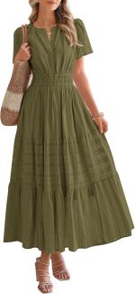 Womens Summer 2026 Casual Midi Maxi Dresses Lightweight Short Sleeve V Neck Elastic Waist Boho Beach Dress Pockets