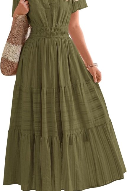 Womens Summer 2026 Casual Midi Maxi Dresses Lightweight Short Sleeve V Neck Elastic Waist Boho Beach Dress Pockets