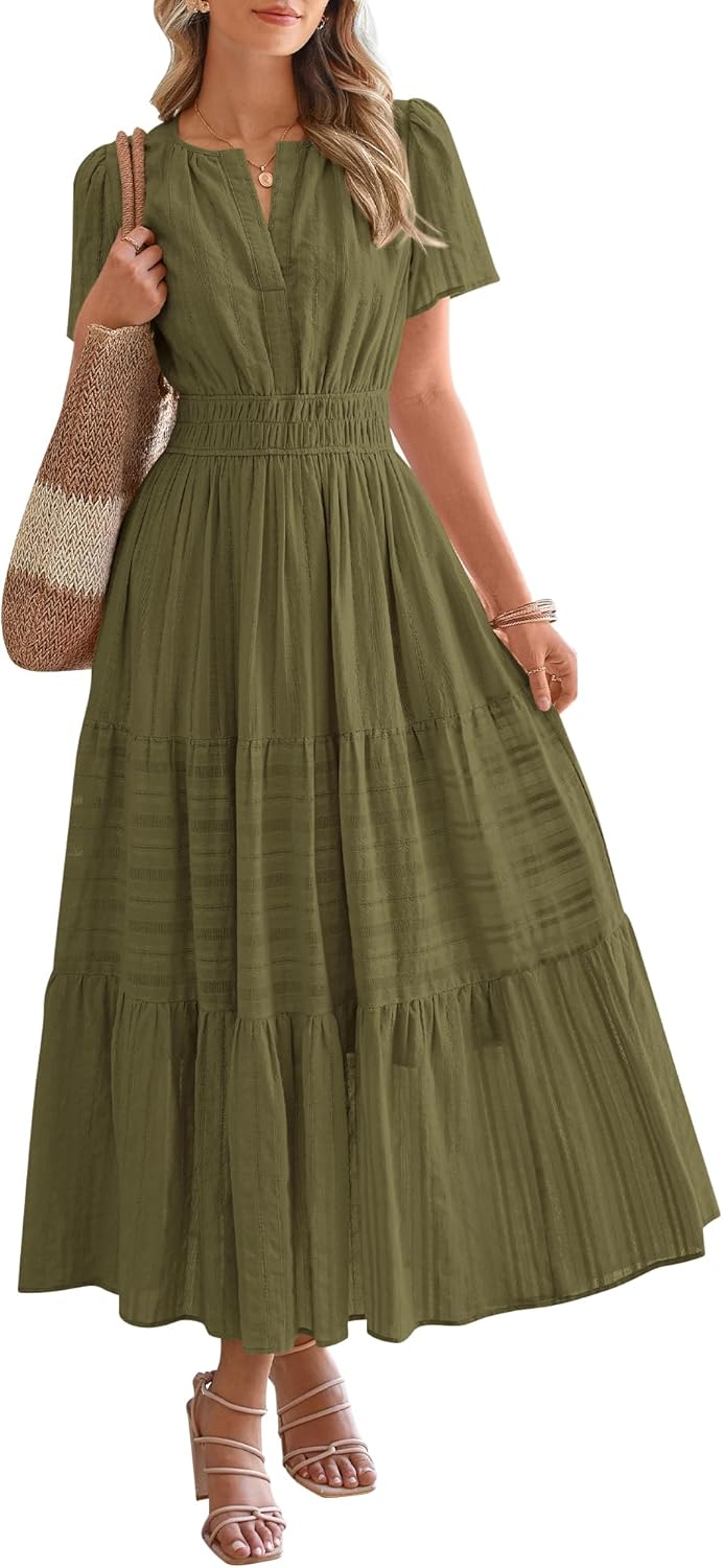 71dedZCCfL._AC_SL1500_.jpg Womens Summer 2026 Casual Midi Maxi Dresses Lightweight Short Sleeve V Neck Elastic Waist Boho Beach Dress Pockets - Image 1