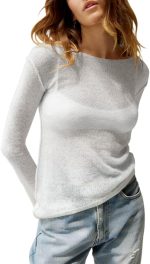 Womens Boat Neck Shirts Long Sleeve Lightweight Knit Pullover Sweaters Casual Sheer Blouse Tops