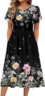 Women's Summer A-Line Midi Dresses 2026 Casual Floral Short Sleeve T-Shirt Dress Flowy Beach Sundress with Pockets