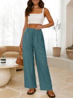 Women's Wide Leg Linen Pants Summer Boho Casual Elastic Waist Long Lounge Travel Pants Trousers with Pockets - Image 2