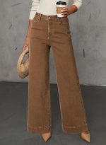 Women's Casual High Waisted Jeans Stretch Button Wide Leg Loose Denim Pants with Pockets - Image 2