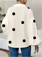 Women's Polka Dots Long Lantern Sleeve Blouse Collared V Neck Top Shirts - Image 2