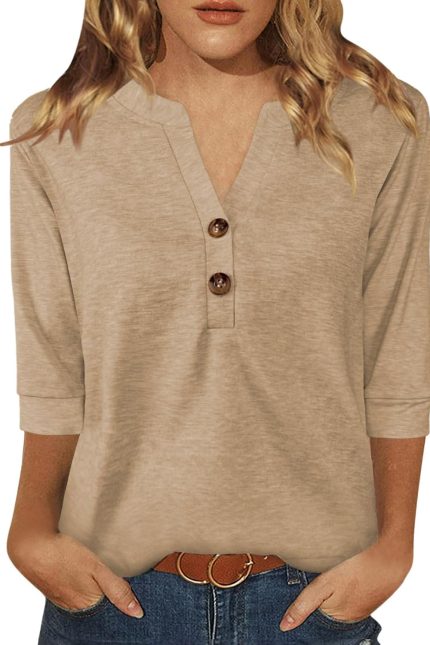 Womens Tops 3/4 Sleeve V Neck Button Down Shirts Business Casual Outfits Basic Tees Summer Top 2026