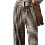 Women's Striped 2 Piece Pants Outfits Long Sleeve Button Down Knit Top Set Leisure Casual