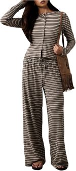 Women's Striped 2 Piece Pants Outfits Long Sleeve Button Down Knit Top Set Leisure Casual
