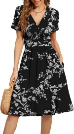 Women's Summer Short Sleeve Casual Dresses V-Neck Floral Party Dress with Pockets