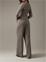 Women's Striped 2 Piece Pants Outfits Long Sleeve Button Down Knit Top Set Leisure Casual - Image 2