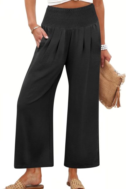 Womens Pants Wide Leg High Waisted Pants Summer Flowy Beach Lounge Casual Trousers with Pockets