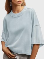 Womens Short Sleeve Sweater Summer Oversized Cropped Sweaters Casual Crewneck Lightweight Knit Tops - Image 2