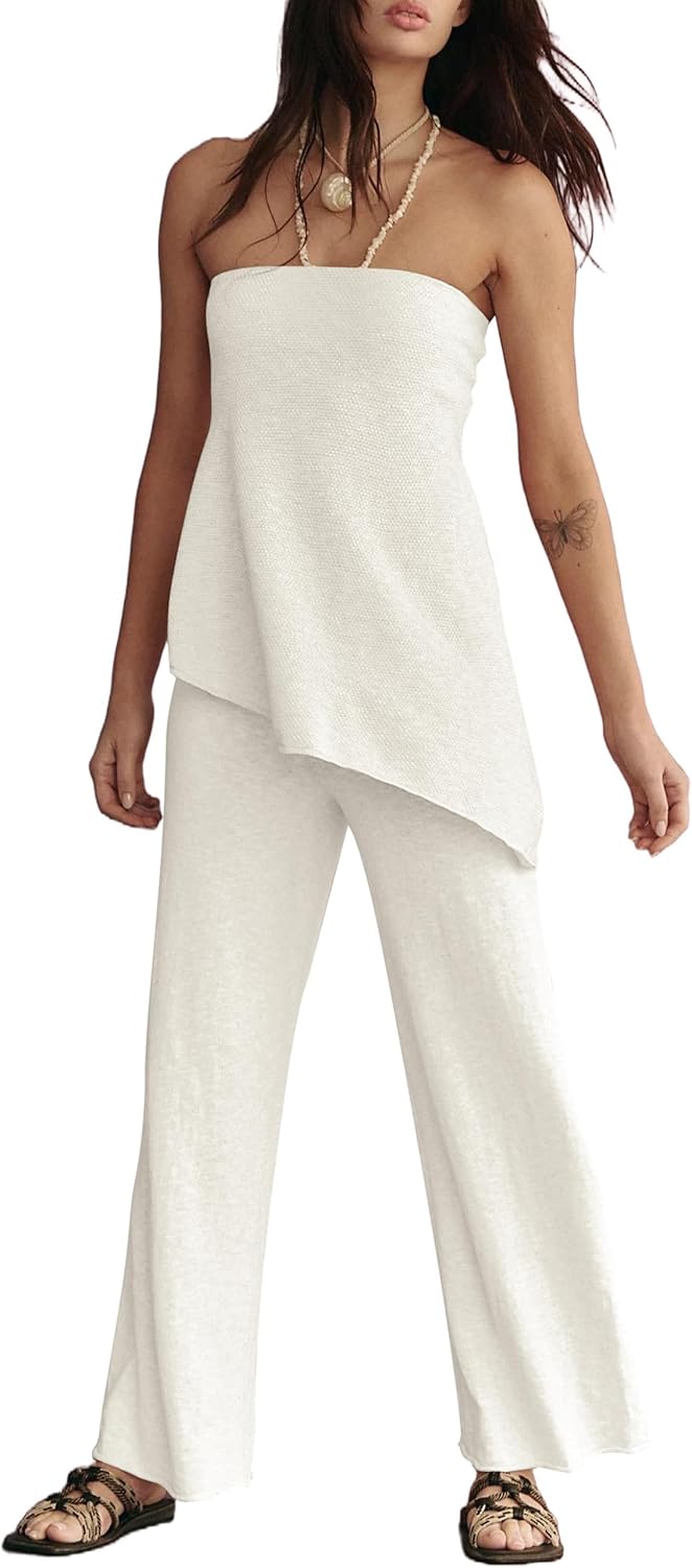 71xKUKr3flL._AC_SL1500_.jpg 2 Piece Sets for Women Tube Tops and Pants Lounge Sweater Sets Summer Beach Travel Vacation Outfits - Image 1