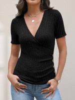 Womens Tops Short Sleeve V Neck Sexy Ribbed Knit Slim Fit Lightweight Sweater 2026 Summer Dressy Casual T-Shirts - Image 2