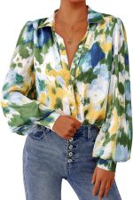 Women's Floral Blouses Dressy Casual V Neck Button Down Shirts Lantern Long Sleeve Boho Chiffon Spring Tops 2026